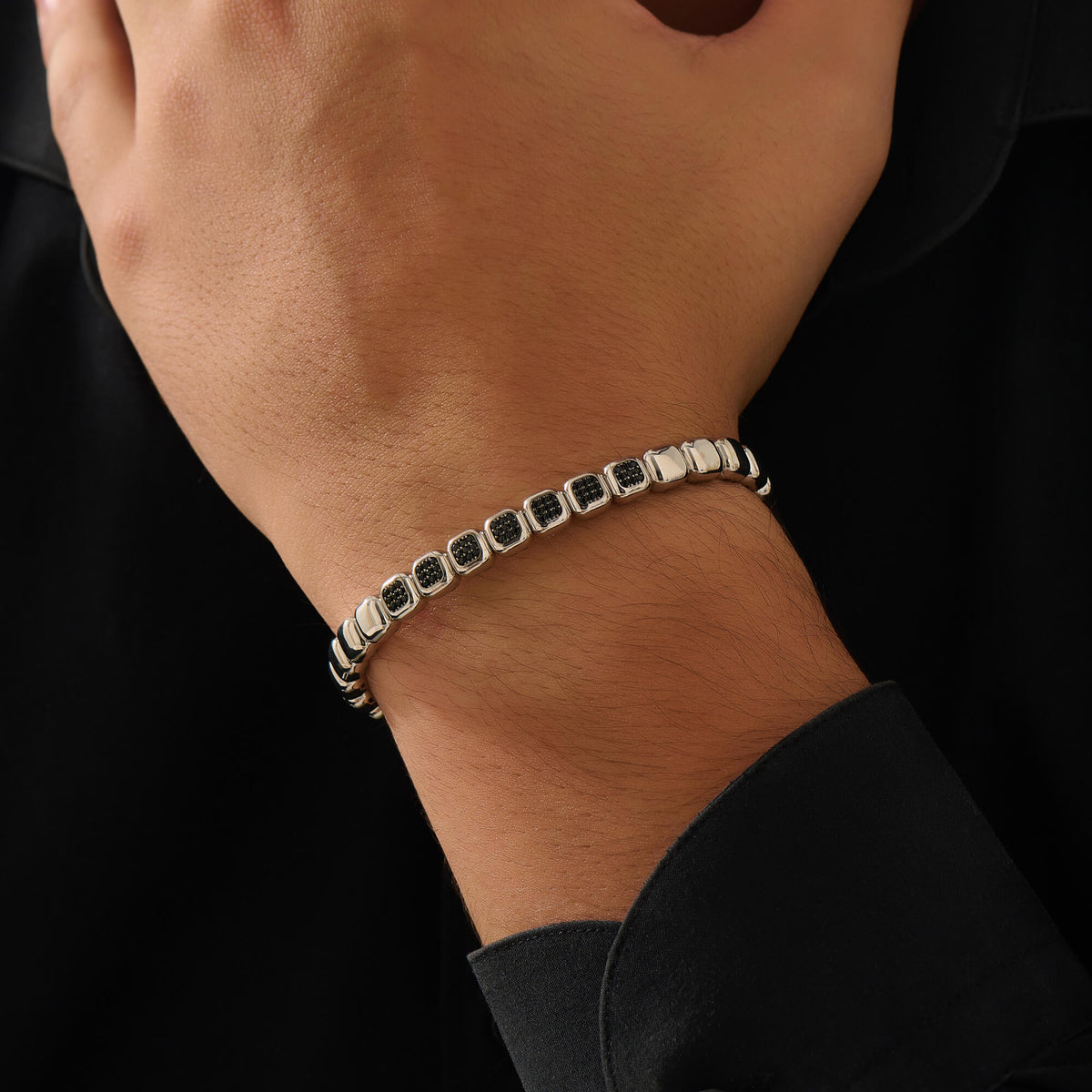 Men's Pave Cube Bangle Bracelet in Solid Silver