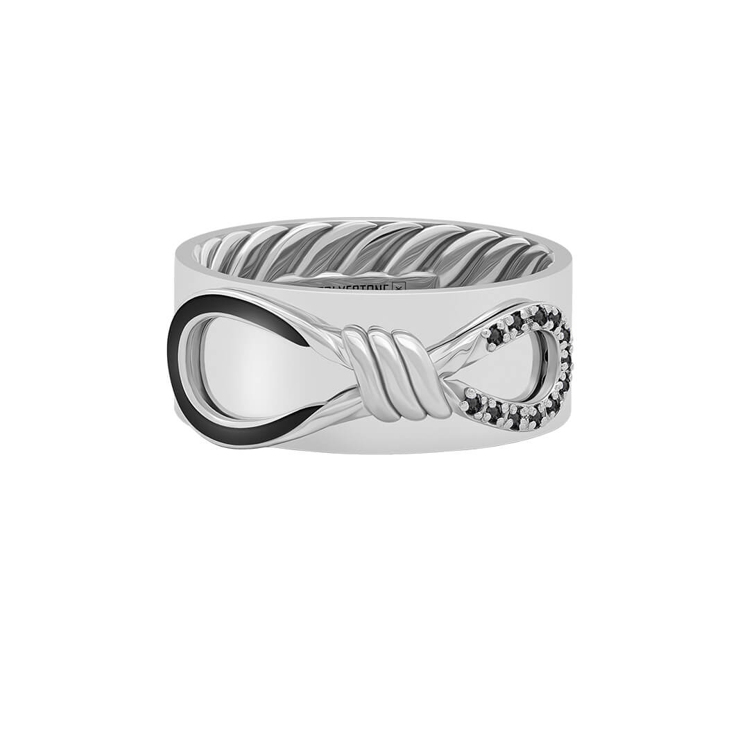 Pave Enamel Infinity Knot Band Ring in Solid White Gold - Black Diamond