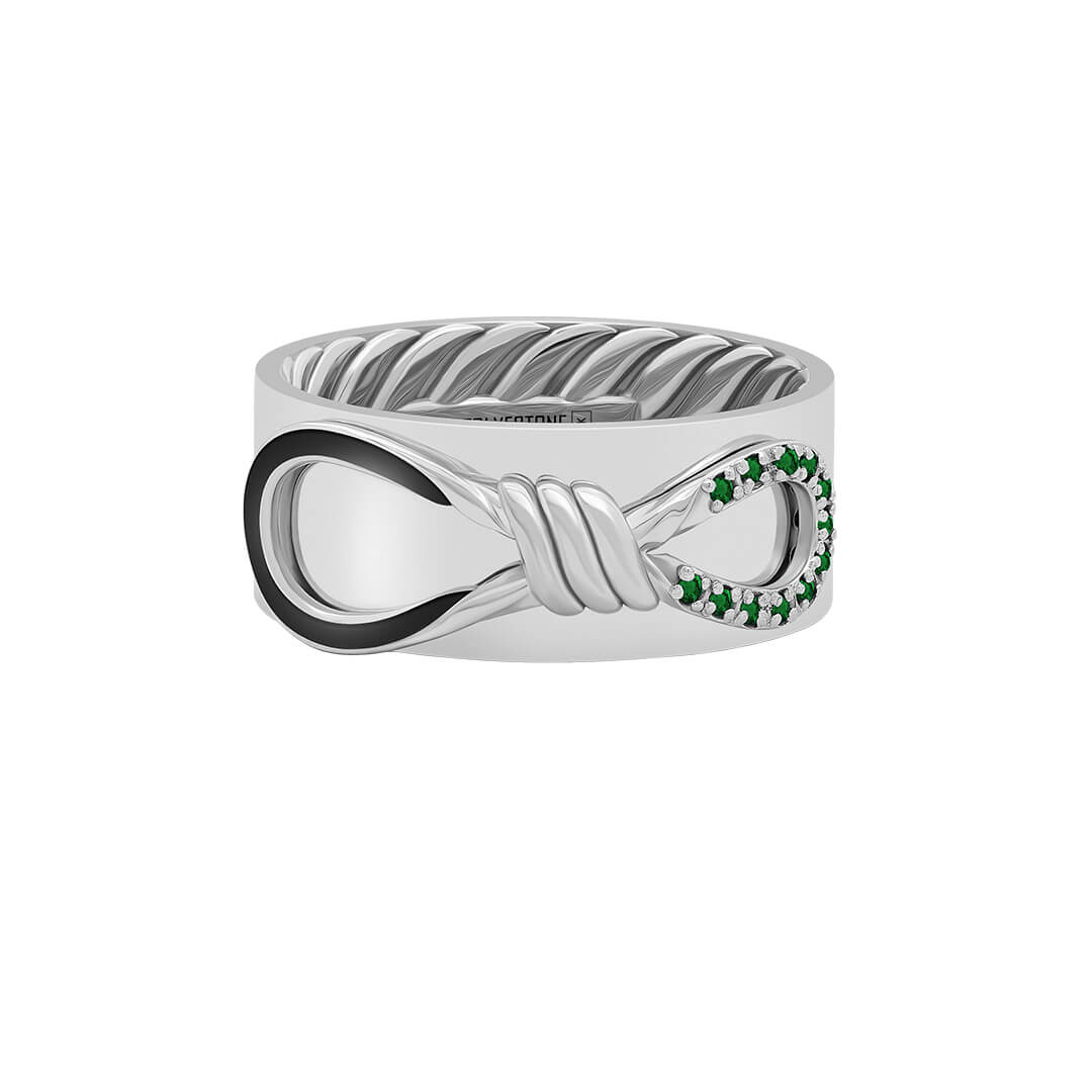 Pave Enamel Infinity Knot Band Ring in Solid White Gold - Emerald