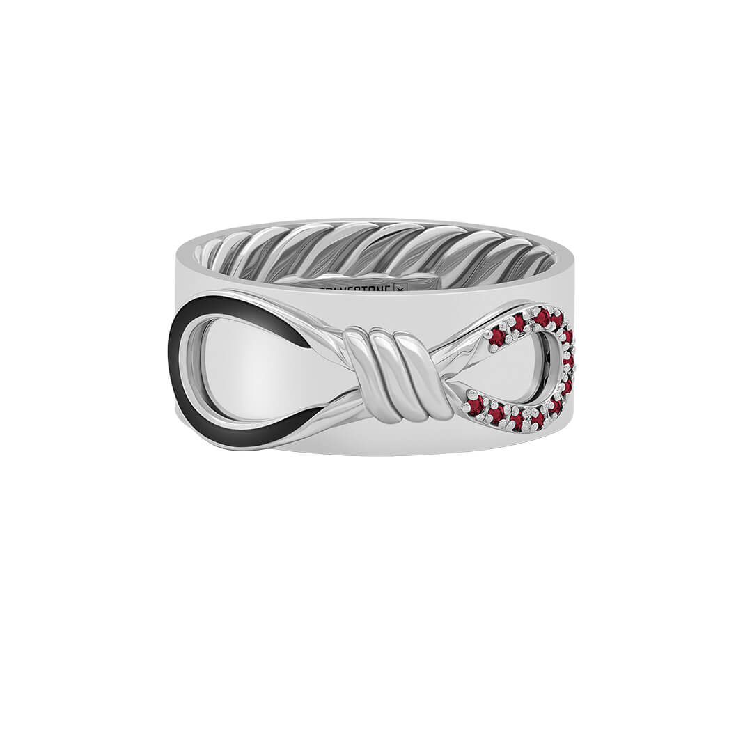 Pave Enamel Infinity Knot Band Ring in Solid White Gold - Ruby