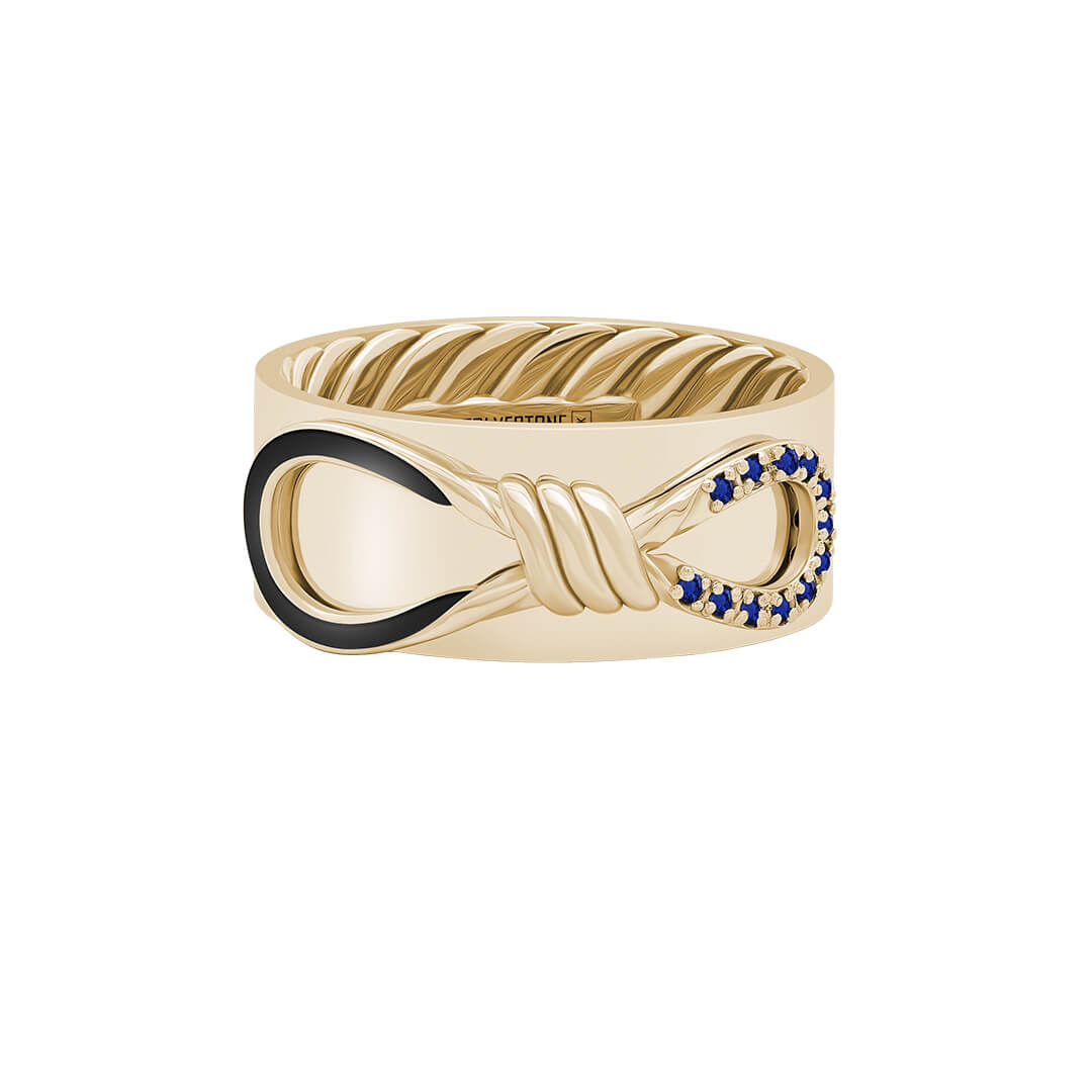 Pave Enamel Infinity Knot Band Ring in Solid Yellow Gold - Sapphire