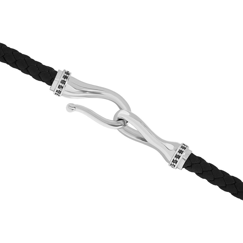 Men's Pave Fish Hook Leather Wrap Bracelet in Sterling Silver