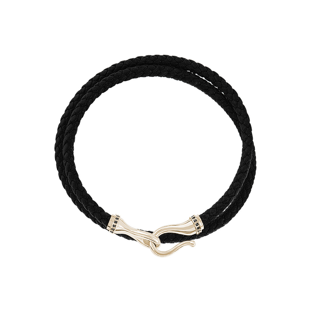 Men's Diamond Pave Solid Gold Fish Hook Leather Bracelet