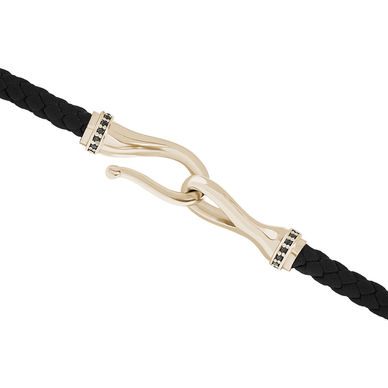 Men's Pave Fish Hook Leather Wrap Bracelet in Solid Gold