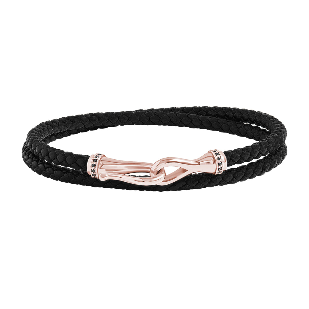 Solid Gold Black Diamond Fish Hook Leather Bracelet - Black Leather & Rose Gold