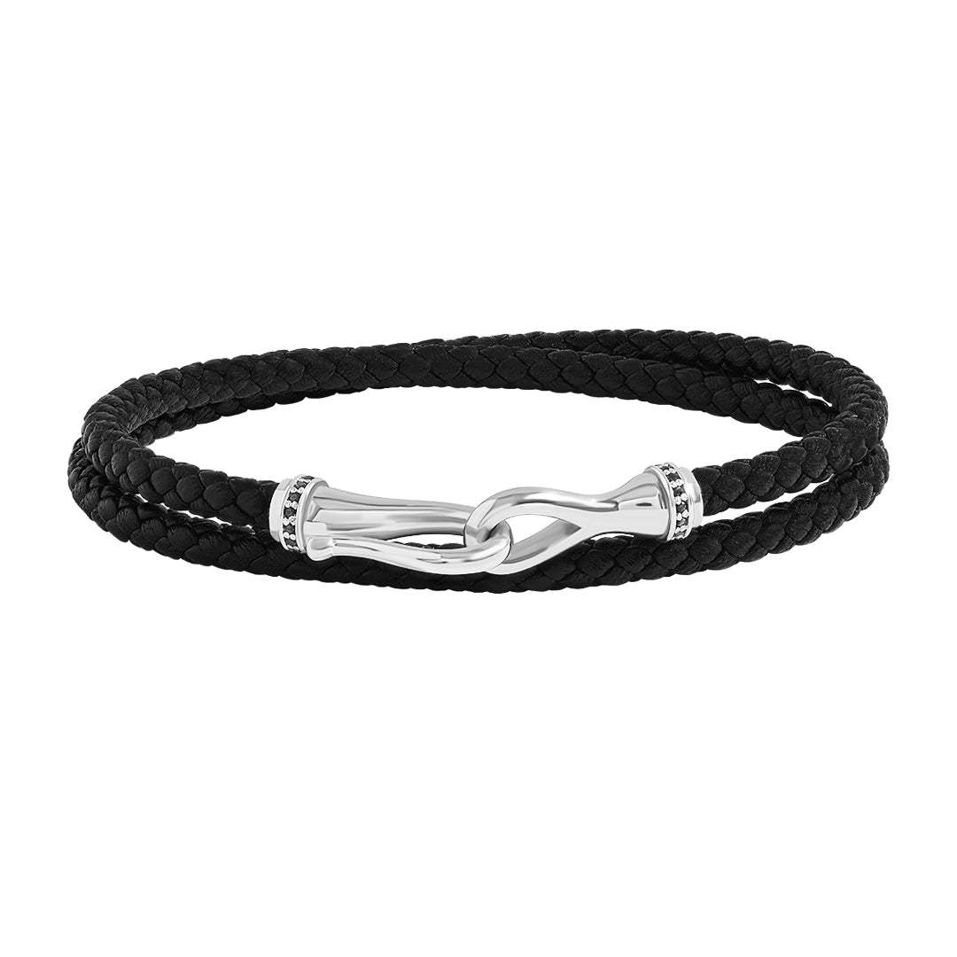 Solid Gold Black Diamond Fish Hook Leather Bracelet - Black Leather & White Gold