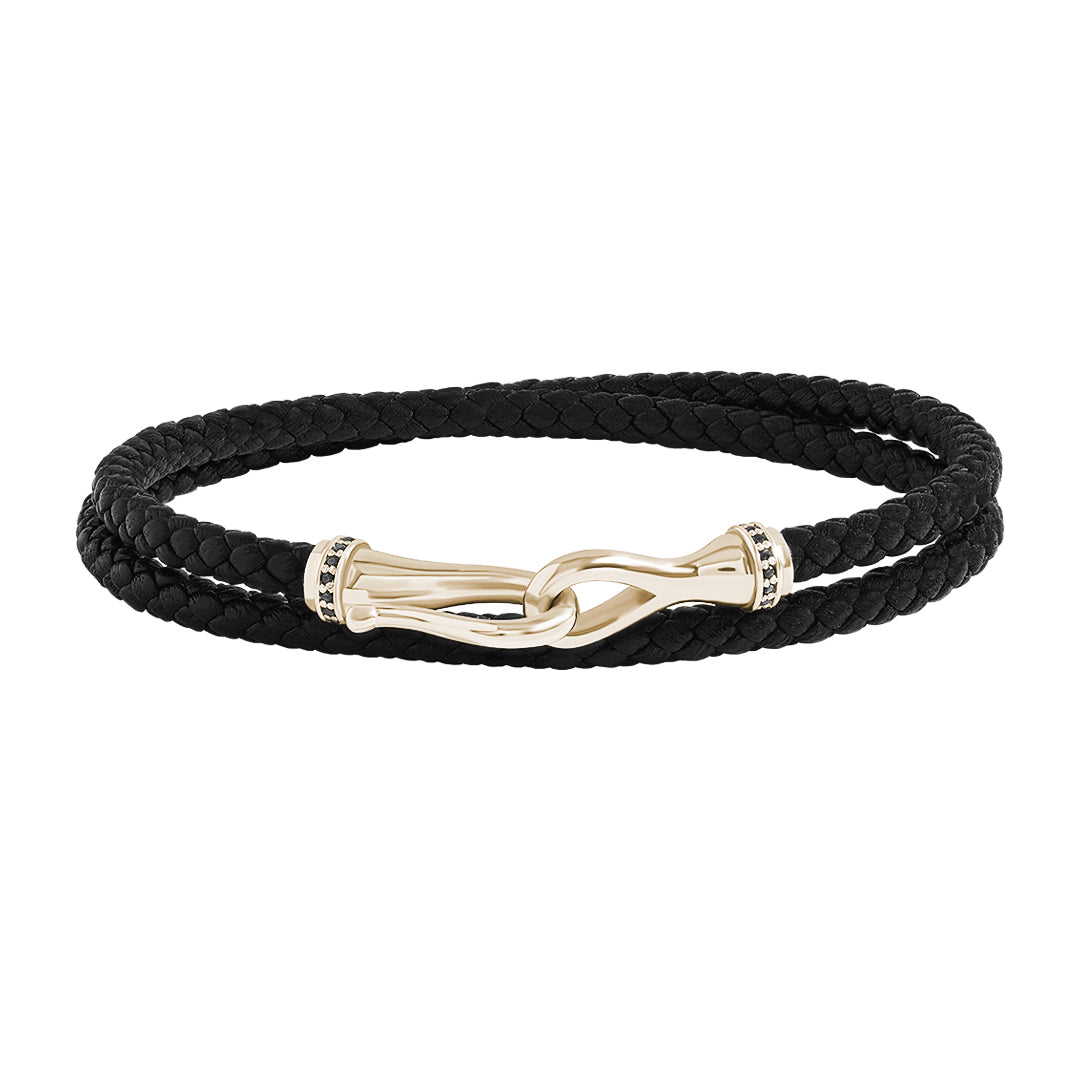 Solid Gold Black Diamond Fish Hook Leather Bracelet - Black Leather & Yellow Gold