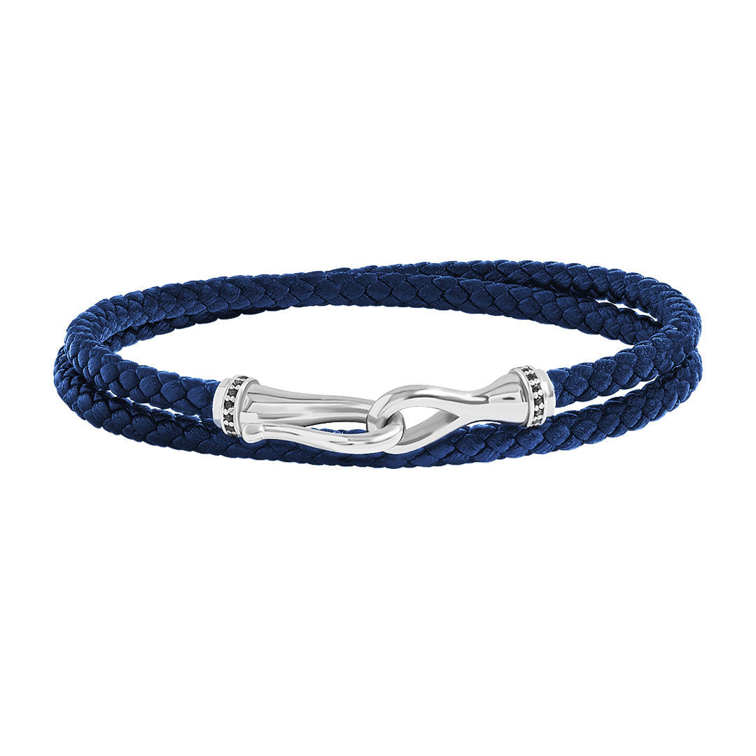 Solid Gold Black Diamond Fish Hook Leather Bracelet - Blue Leather & White Gold