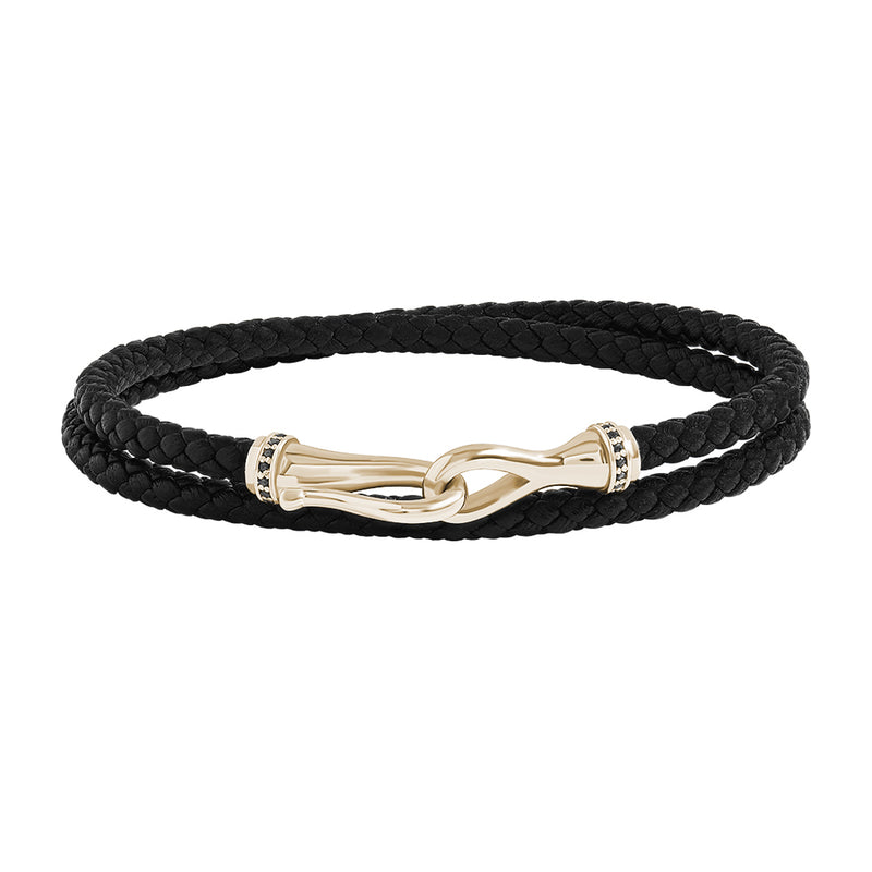 Black Leather Wrap Bracelet, Black Diamond Pave Yellow Gold Fish Hook Clasp