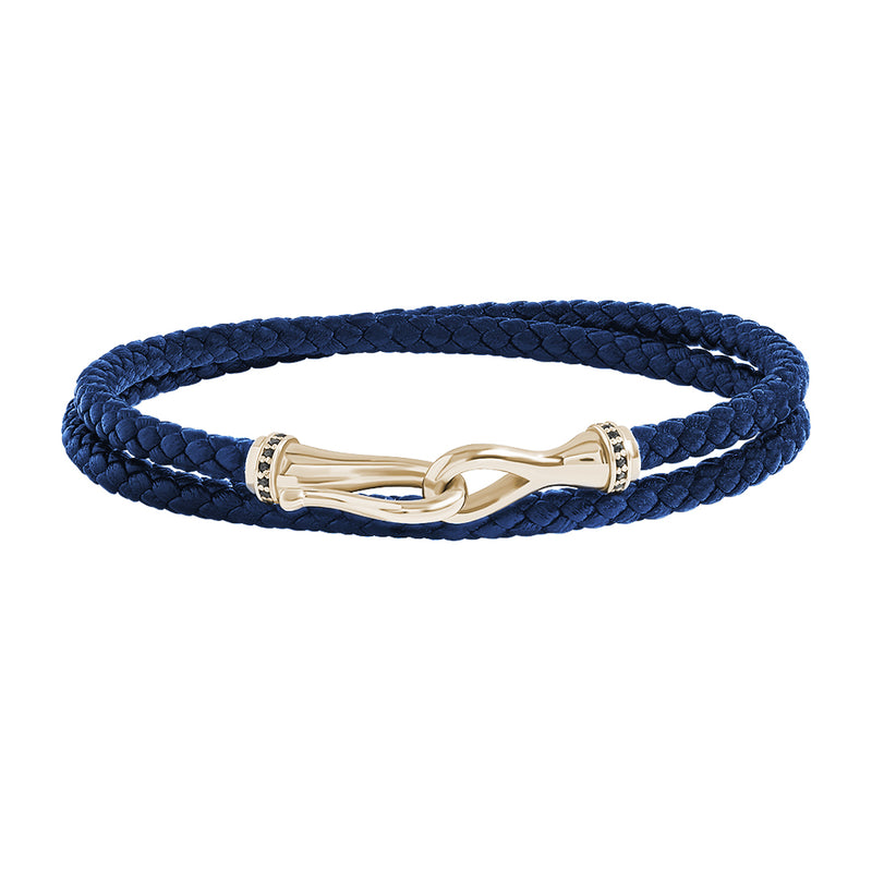 Blue Leather Wrap Bracelet, Black Diamond Pave Yellow Gold Fish Hook Clasp
