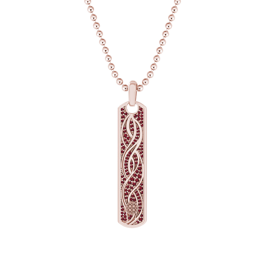 Pave Helix Samurai Tag Pendant in Solid Rose Gold - Pave Ruby