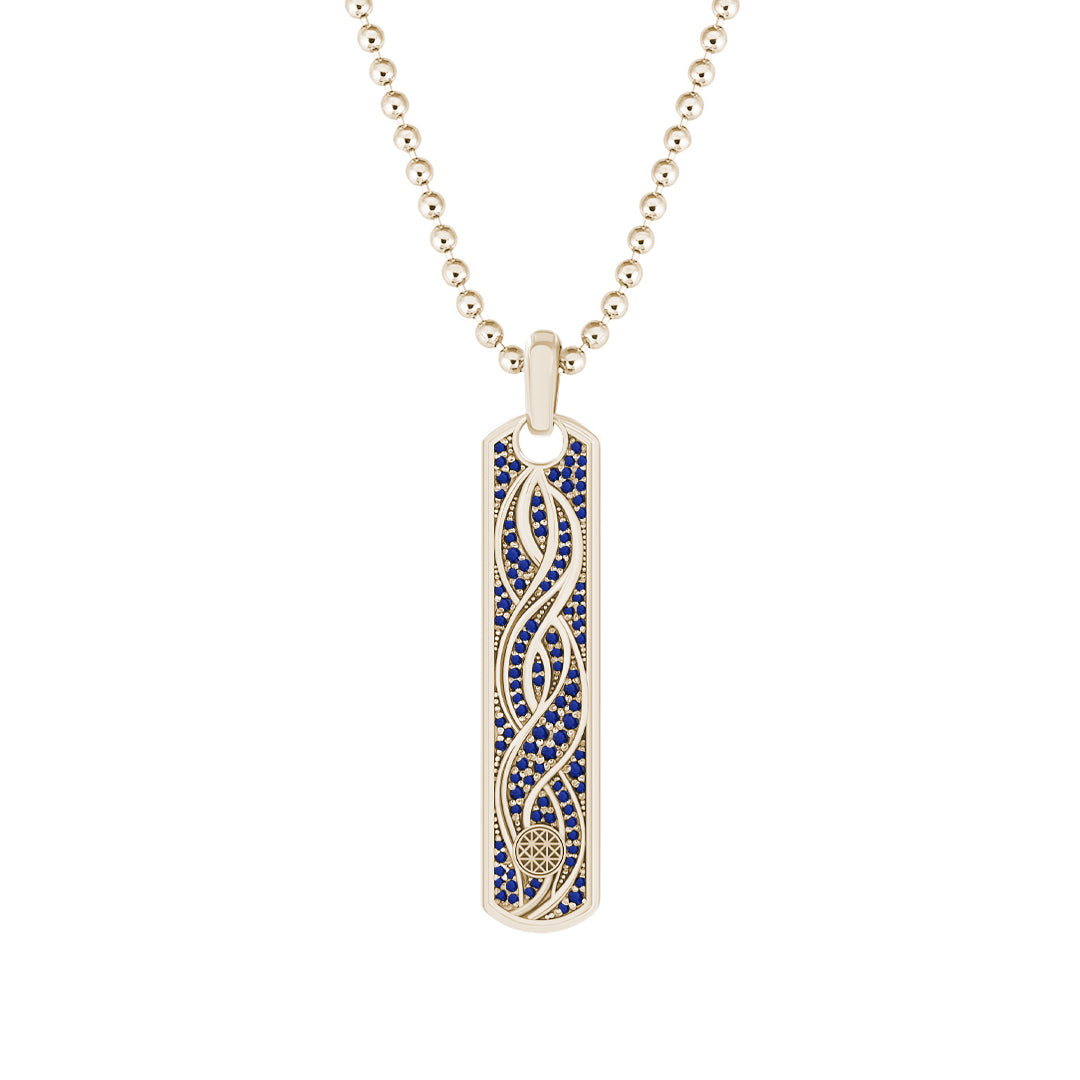Pave Helix Samurai Tag Pendant in Solid Yellow Gold - Pave Sapphire