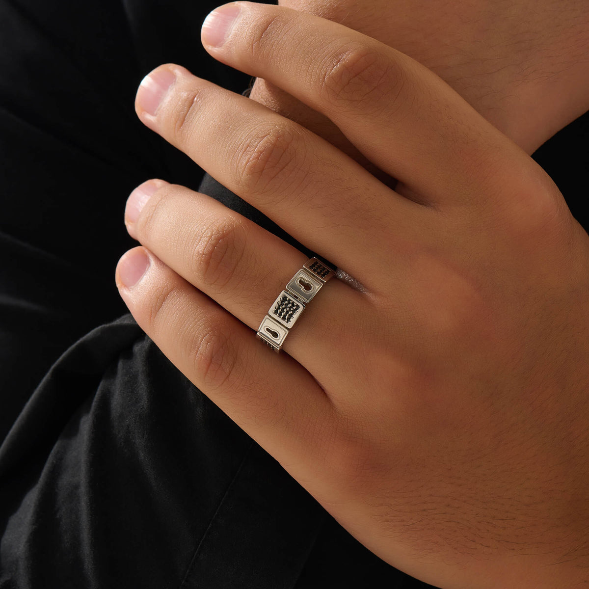 Atolyestone Pave Lock Band Ring in Sterling Silver for Men
