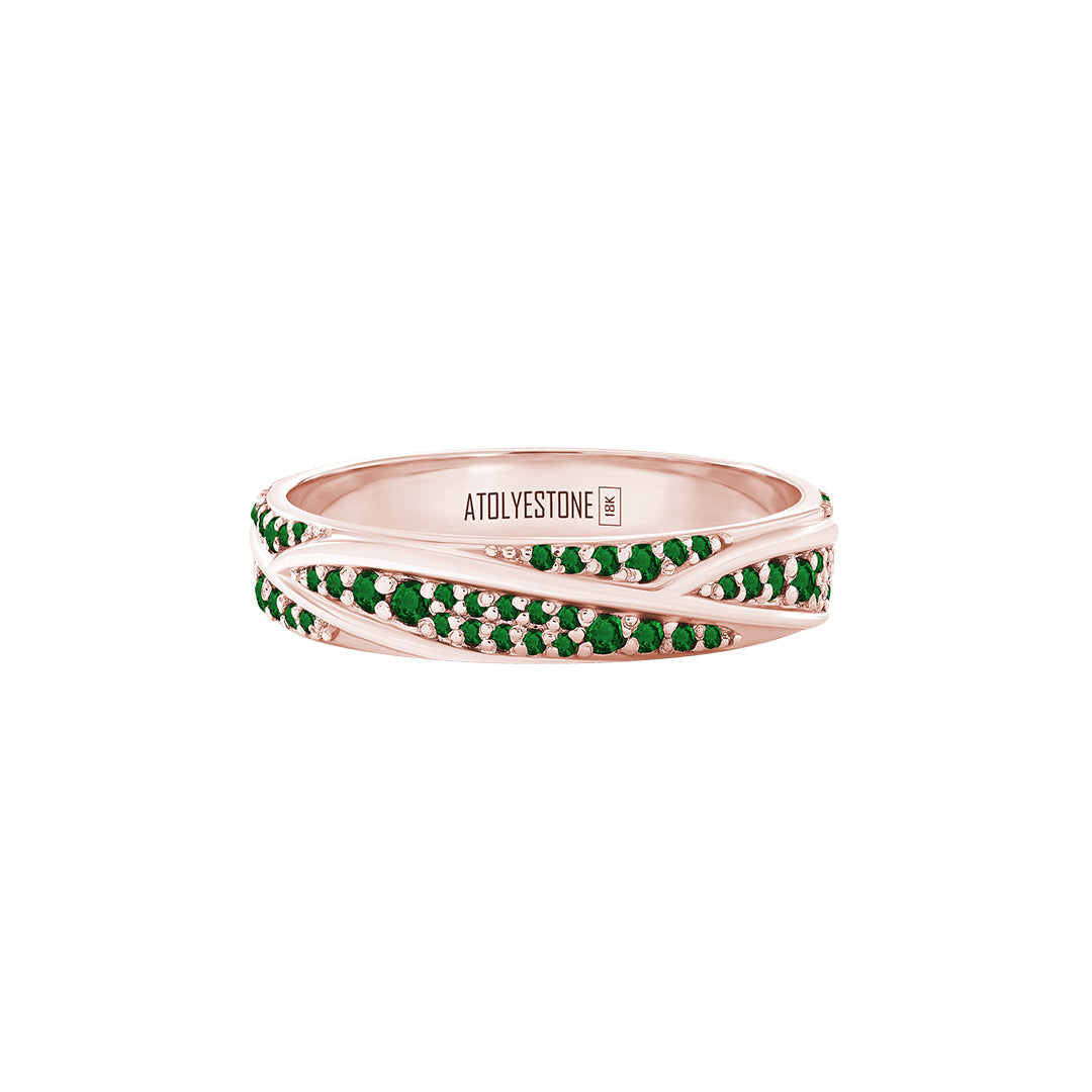 Pave Ridge Band Ring in Solid Rose Gold - Pave Emerald