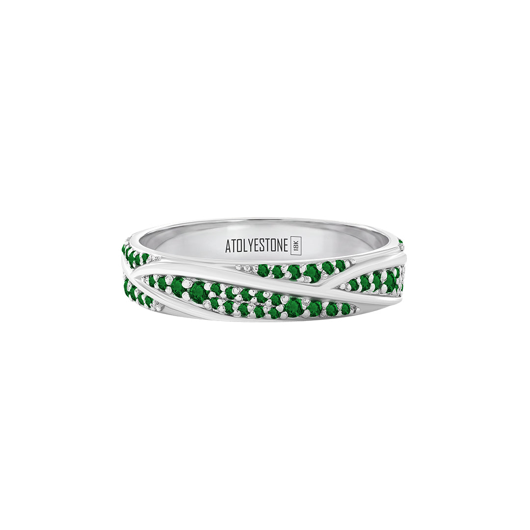 Pave Ridge Band Ring in Solid White Gold - Pave Emerald
