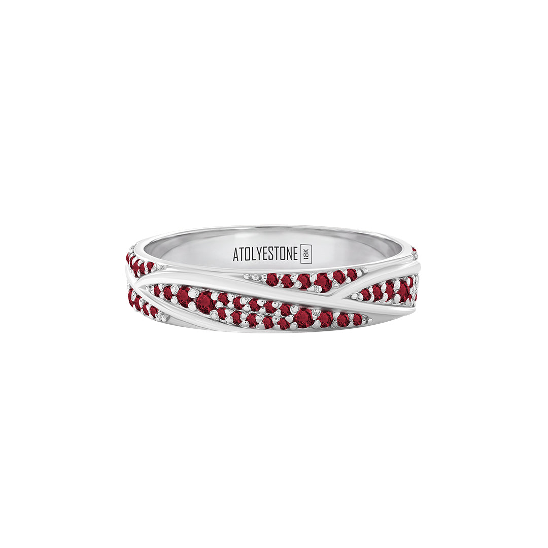 Pave Ridge Band Ring in Solid White Gold - Pave Ruby