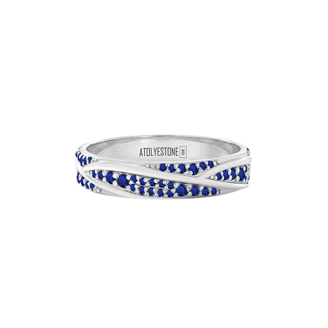 Pave Ridge Band Ring in Solid White Gold - Pave Sapphire