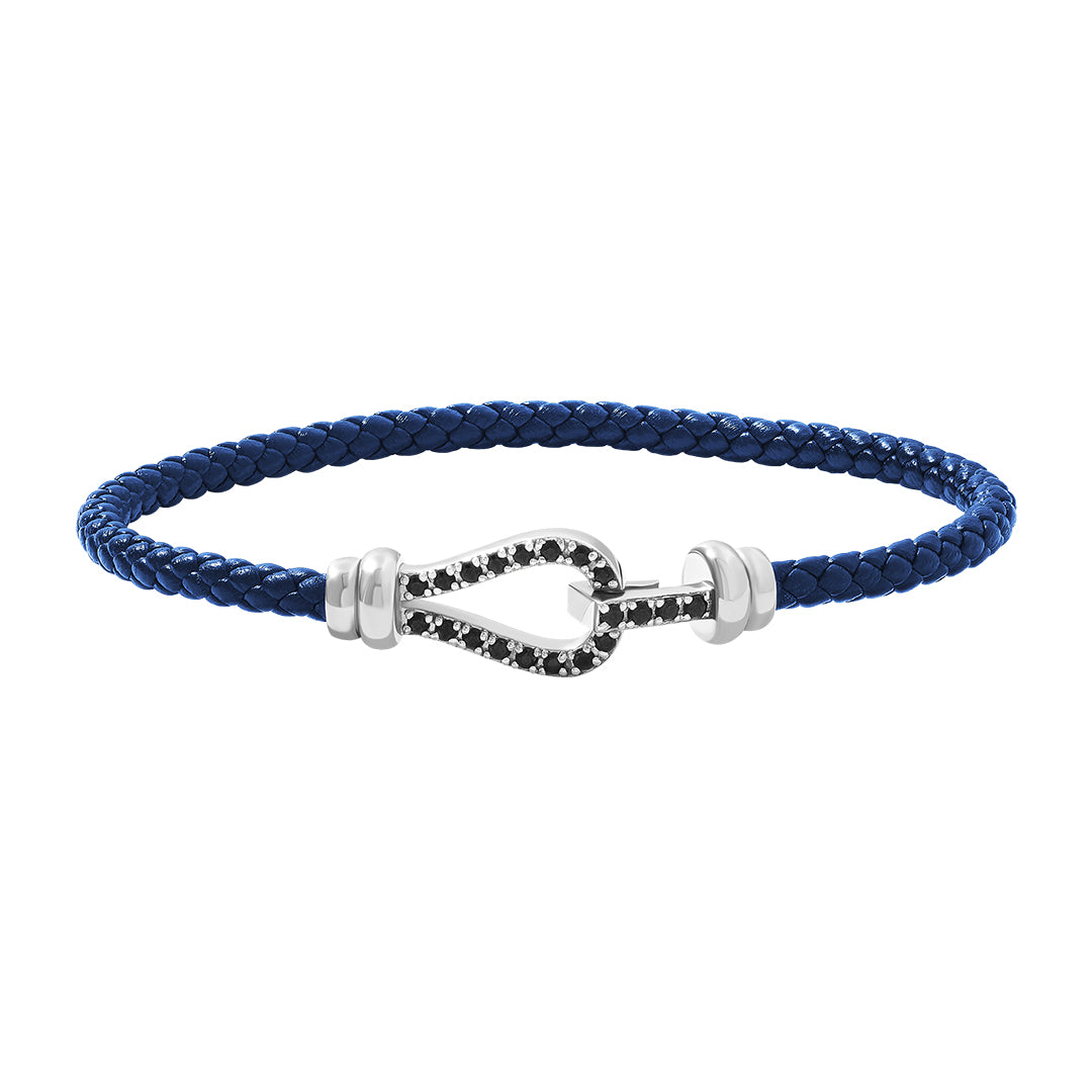 Pave Snap Buckle Leather Bracelet in 925 Silver - Blue Leather Silver