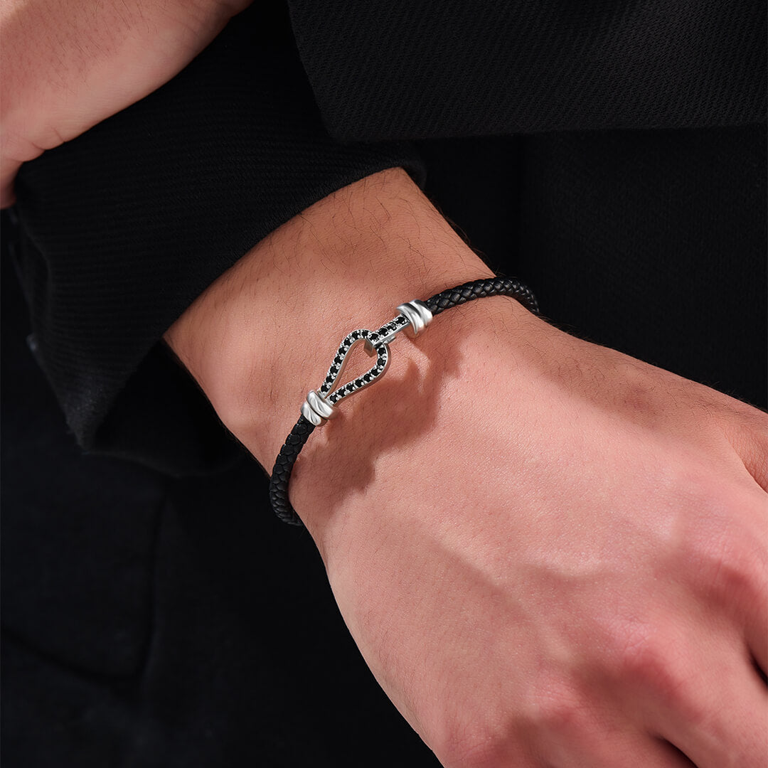 Men's Pave Snap Buckle Leather Bracelet in Sterling Silver