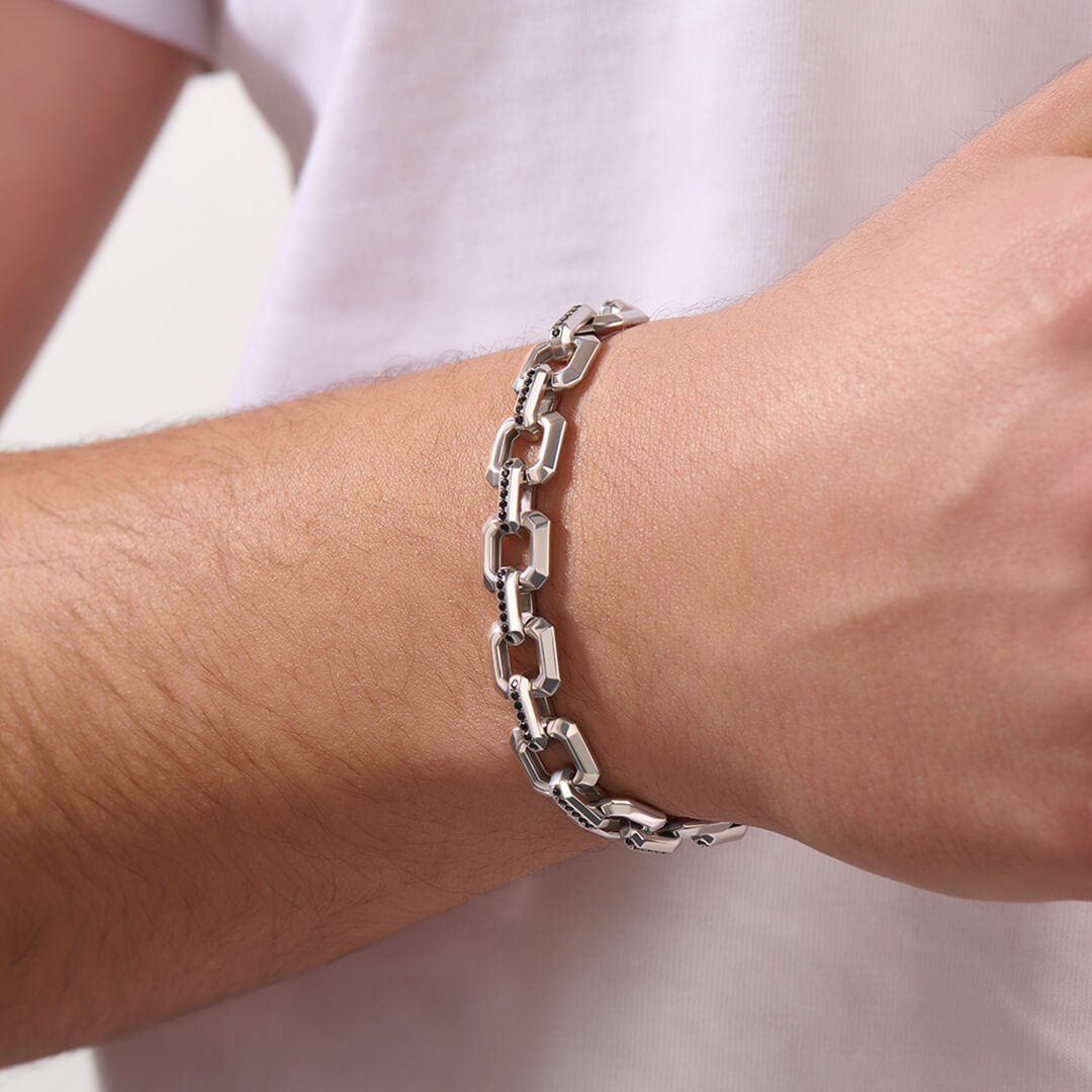 Men's Pave Square Link Chain Bracelet in 925 Solid Silver