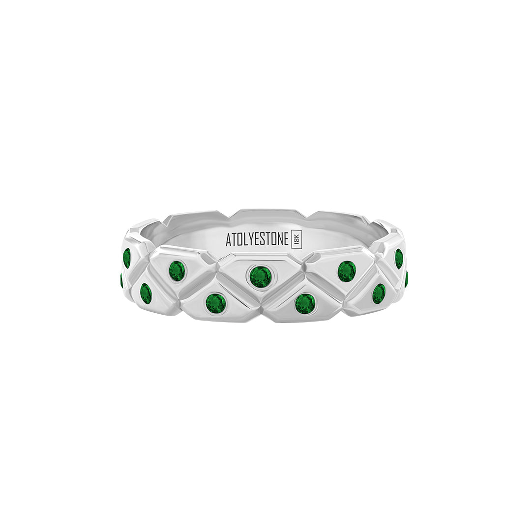 Pave Triangle Band Ring in Solid White Gold - Pave Emerald