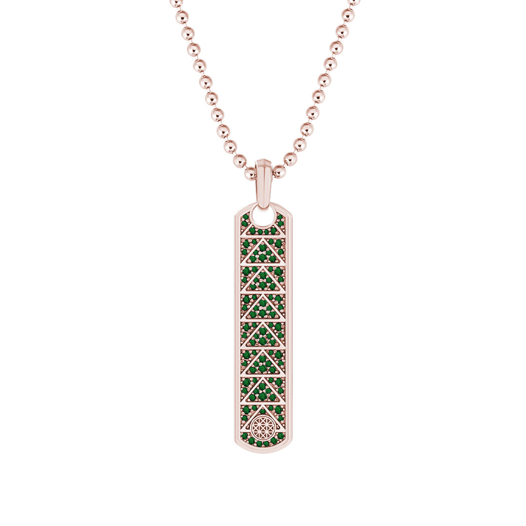 Pave Trinity Samurai Tag Pendant in Solid Rose Gold - Pave Emerald