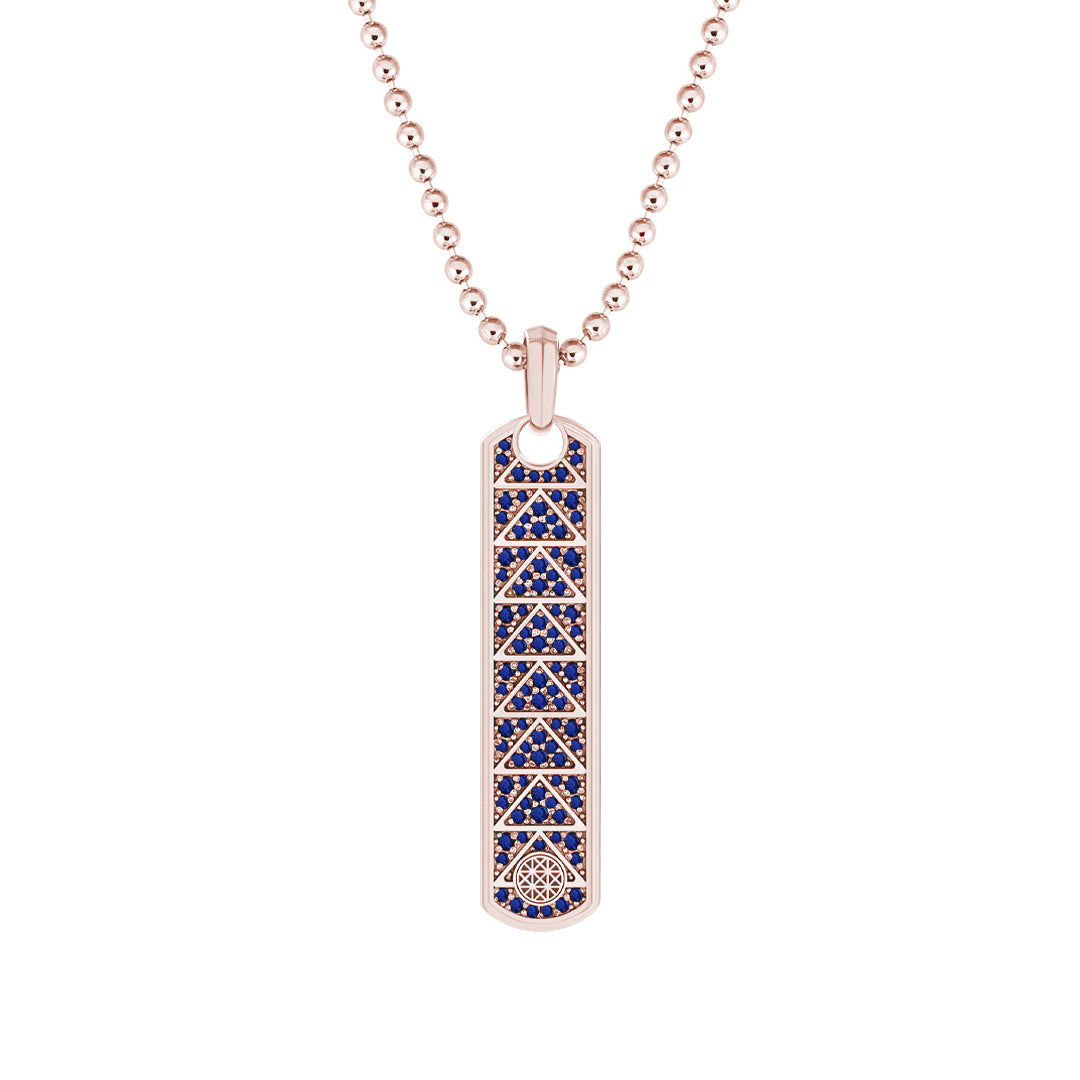 Pave Trinity Samurai Tag Pendant in Solid Rose Gold - Pave Sapphire
