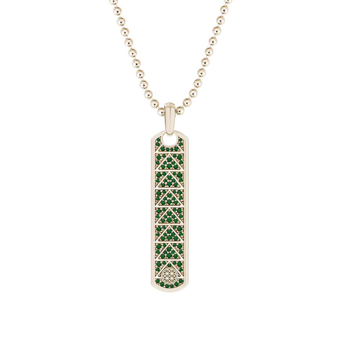 Pave Trinity Samurai Tag Pendant in Solid Yellow Gold - Pave Emerald