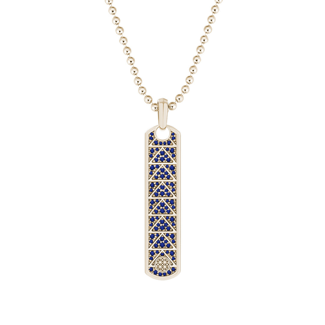 Pave Trinity Samurai Tag Pendant in Solid Yellow Gold - Pave Sapphire
