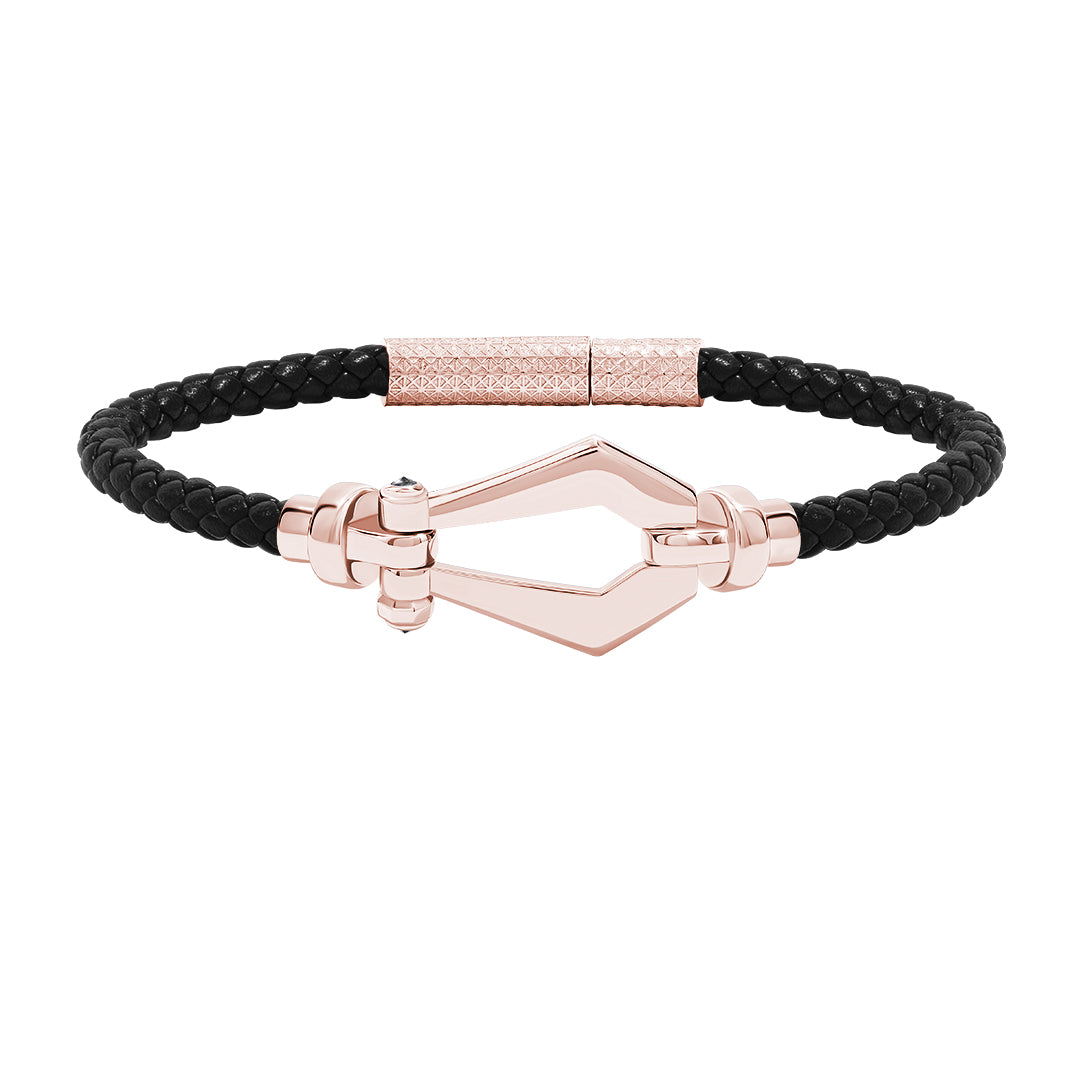 Atolyestone Men's Leather and Buckle Bracelet in Solid Rose Gold - Black Nappa