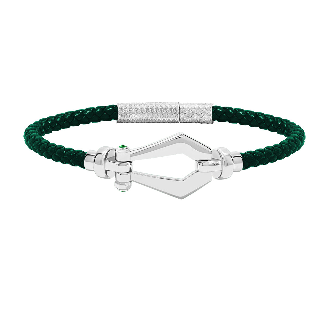 Atolyestone Men's Leather and Buckle Bracelet in Solid White Gold - Green Nappa