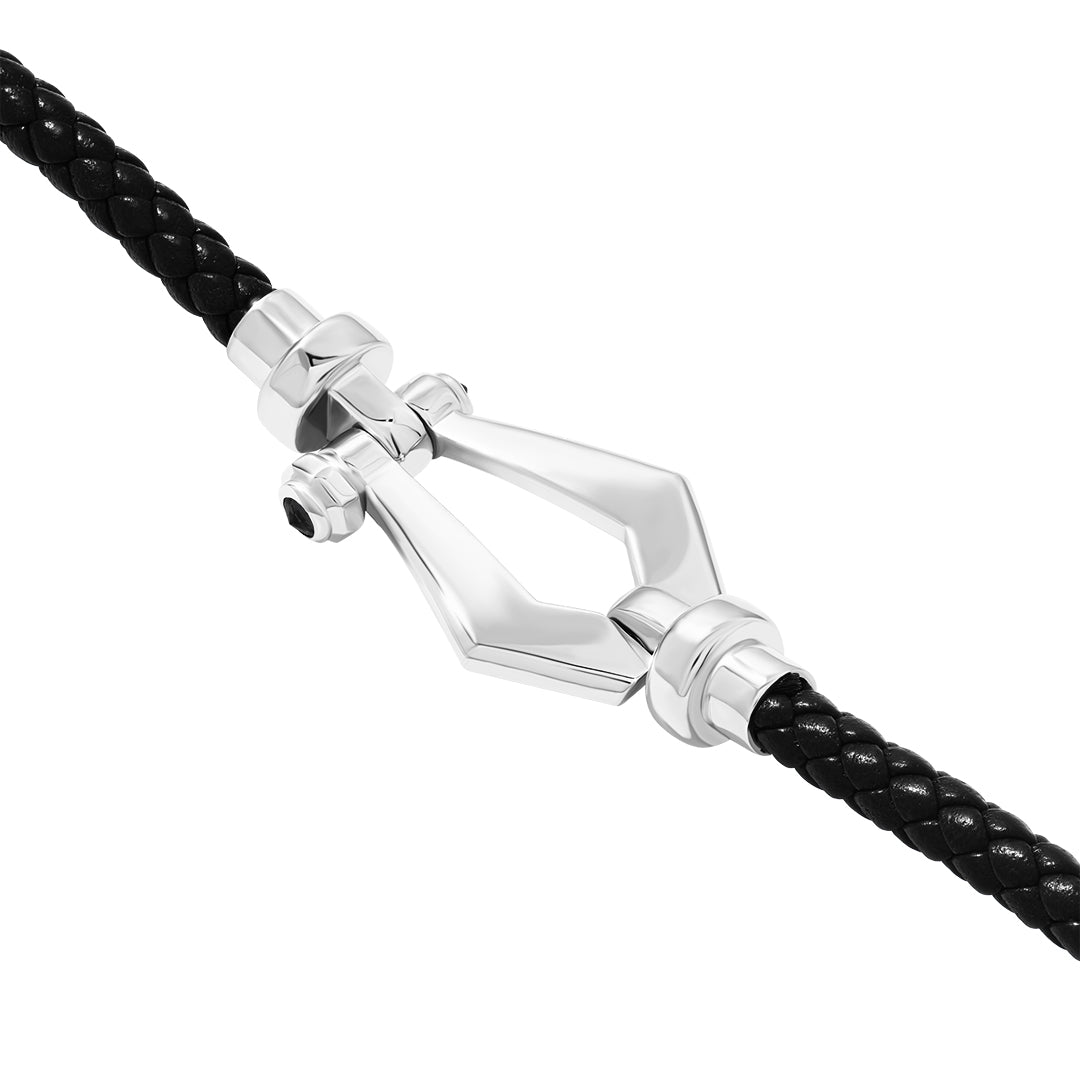 Atolyestone Men's Leather and Buckle Bracelet in Solid Silver - Black Nappa