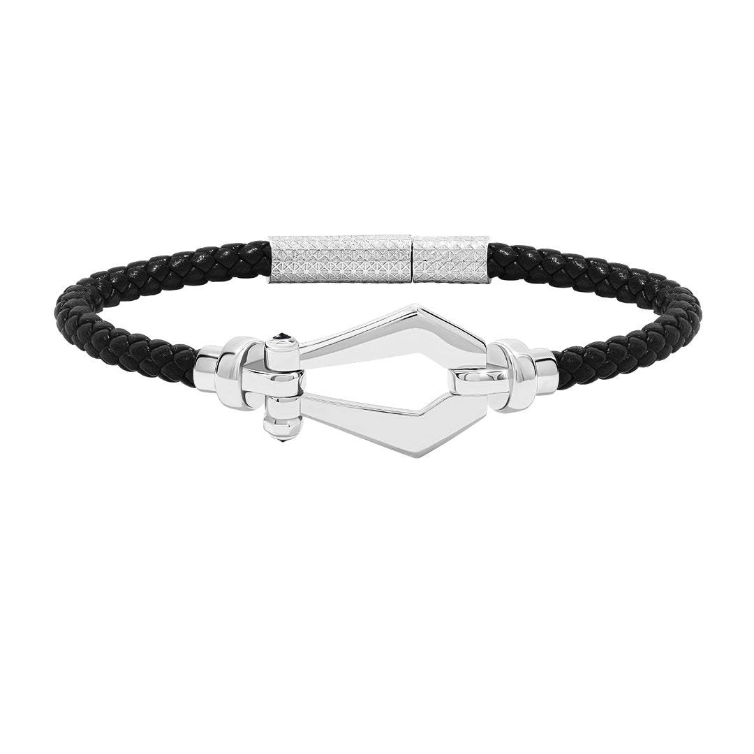 Atolyestone Men's Leather and Buckle Bracelet in 925 Sterling Silver - Black Nappa