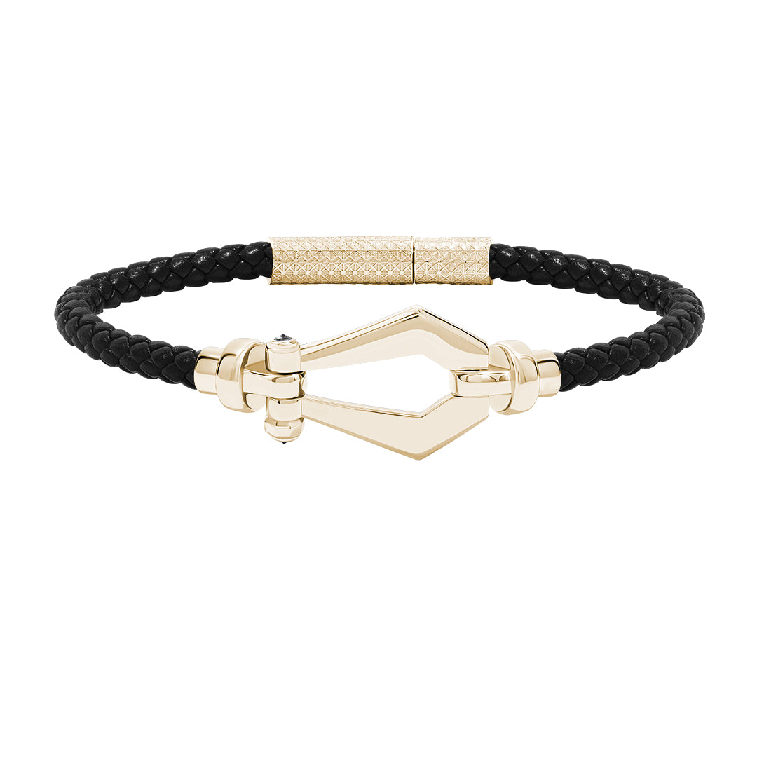 Atolyestone Men's Leather and Buckle Bracelet in 925 Sterling Silver Yellow Gold Plated - Black Nappa