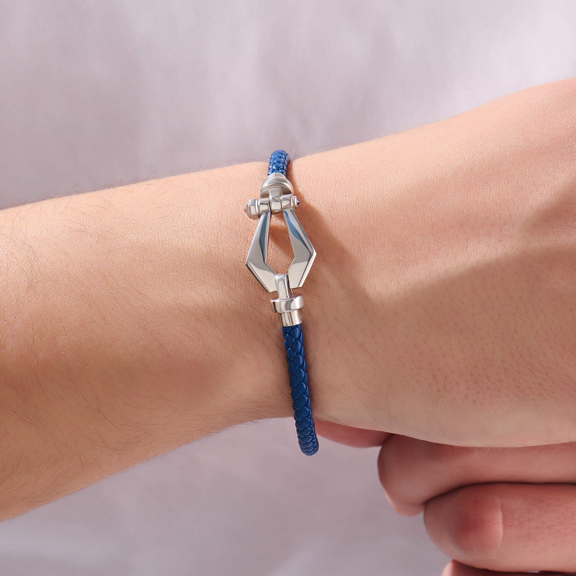 Men's Premium Buckle Leather Bracelet with Sapphire in 925 Solid Silver