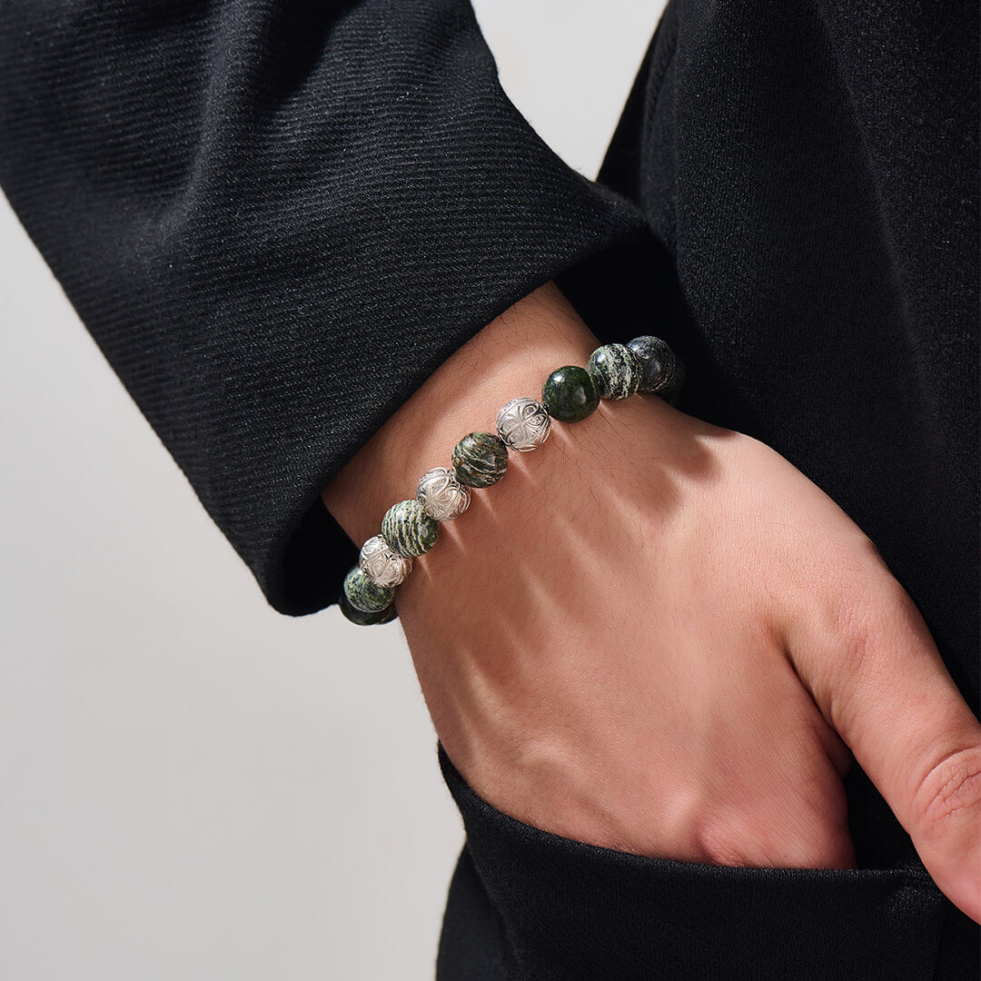 Green Jasper Prime Silver Line Apex Beaded Bracelet in 925 Sterling Silver