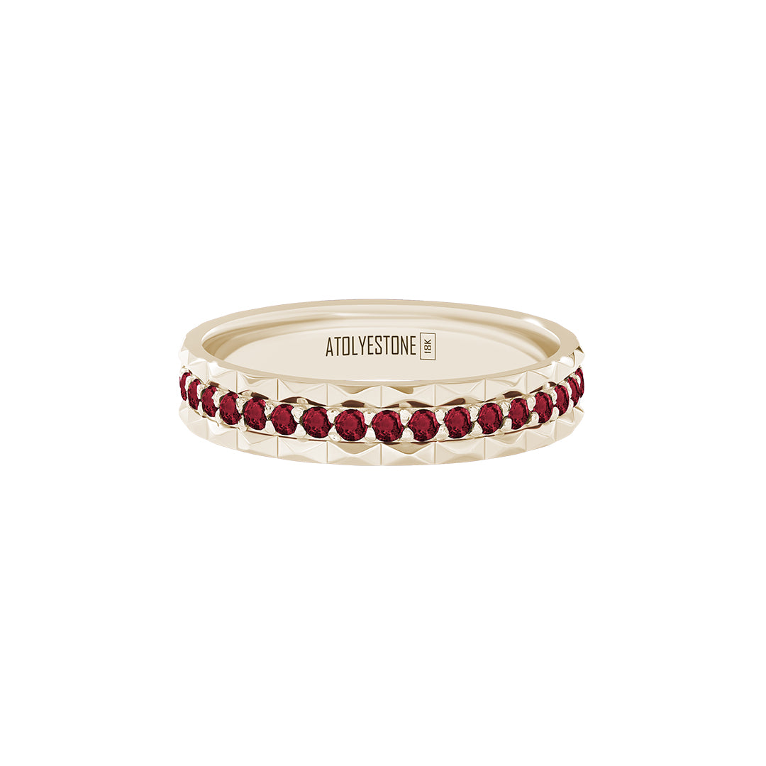 Pyramid Edge Pave Band Ring in Solid Yellow Gold - Pave Ruby