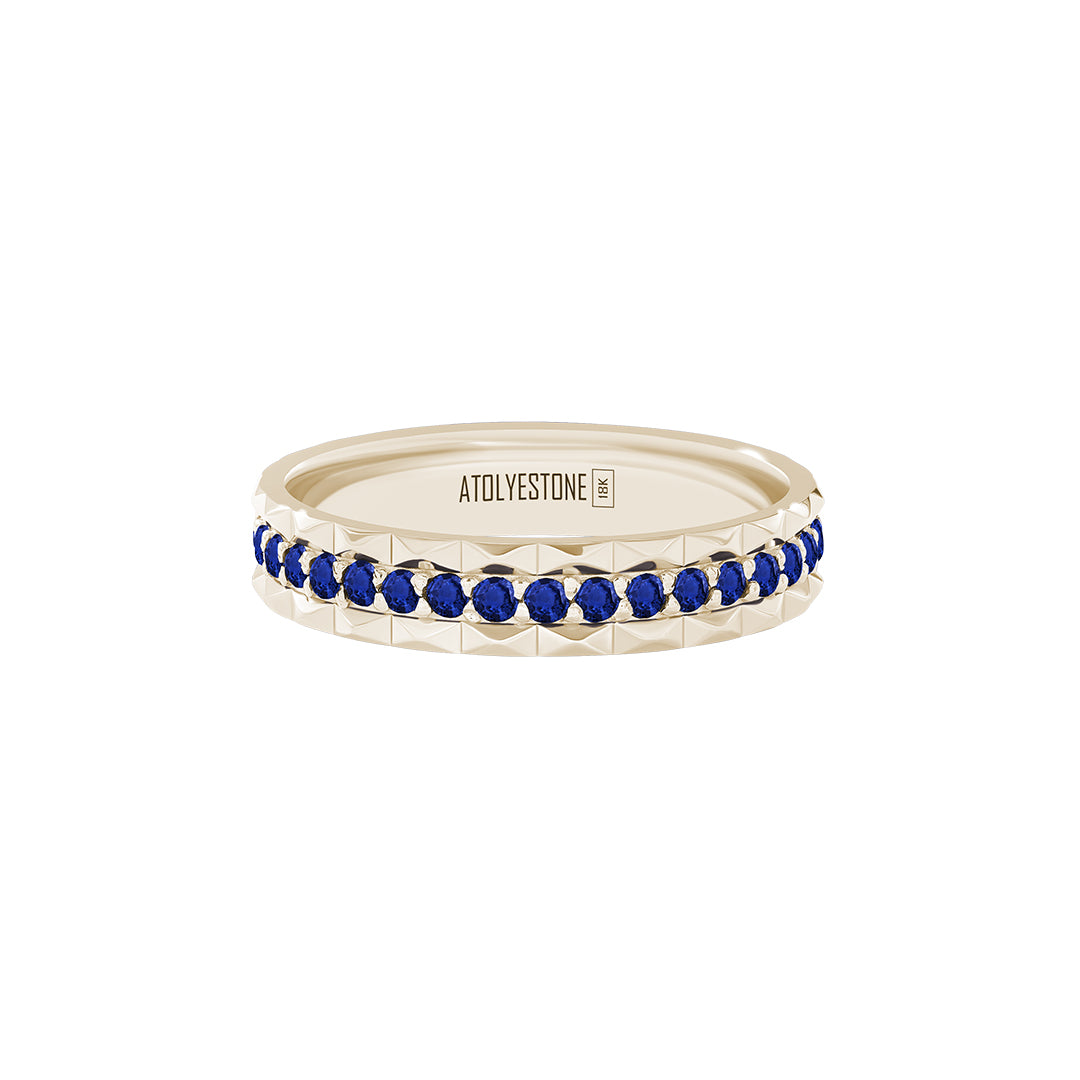 Pyramid Edge Pave Band Ring in Solid Yellow Gold - Pave Sapphire