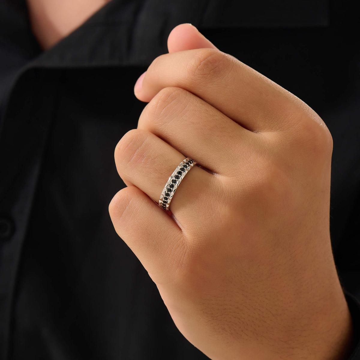 Pyramid Edge Paved Band Ring in Silver for Men