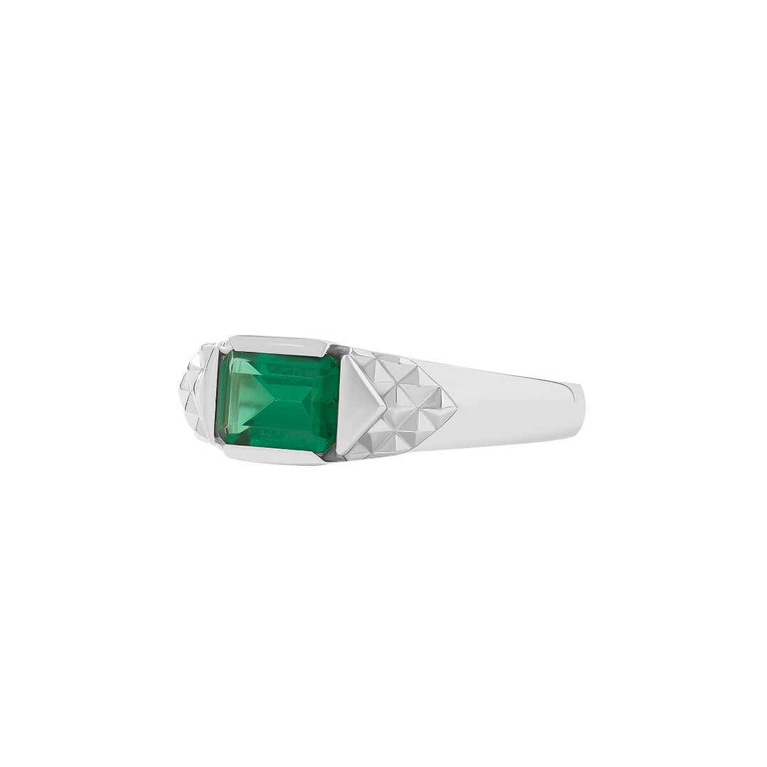 Pyramid Emerald Signet Ring in Solid White Gold