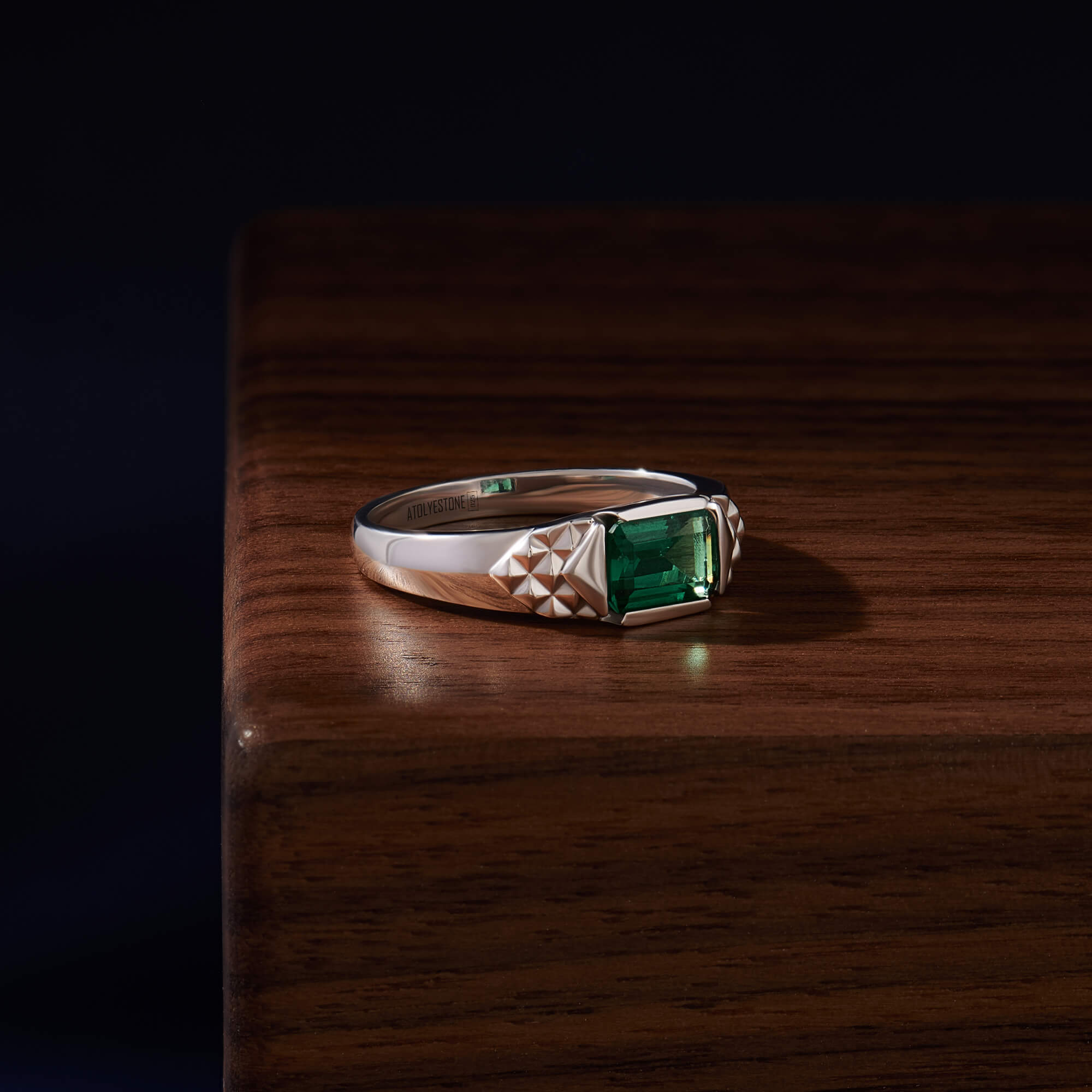 Solid Silver Pyramid Emerald Paved Signet Ring