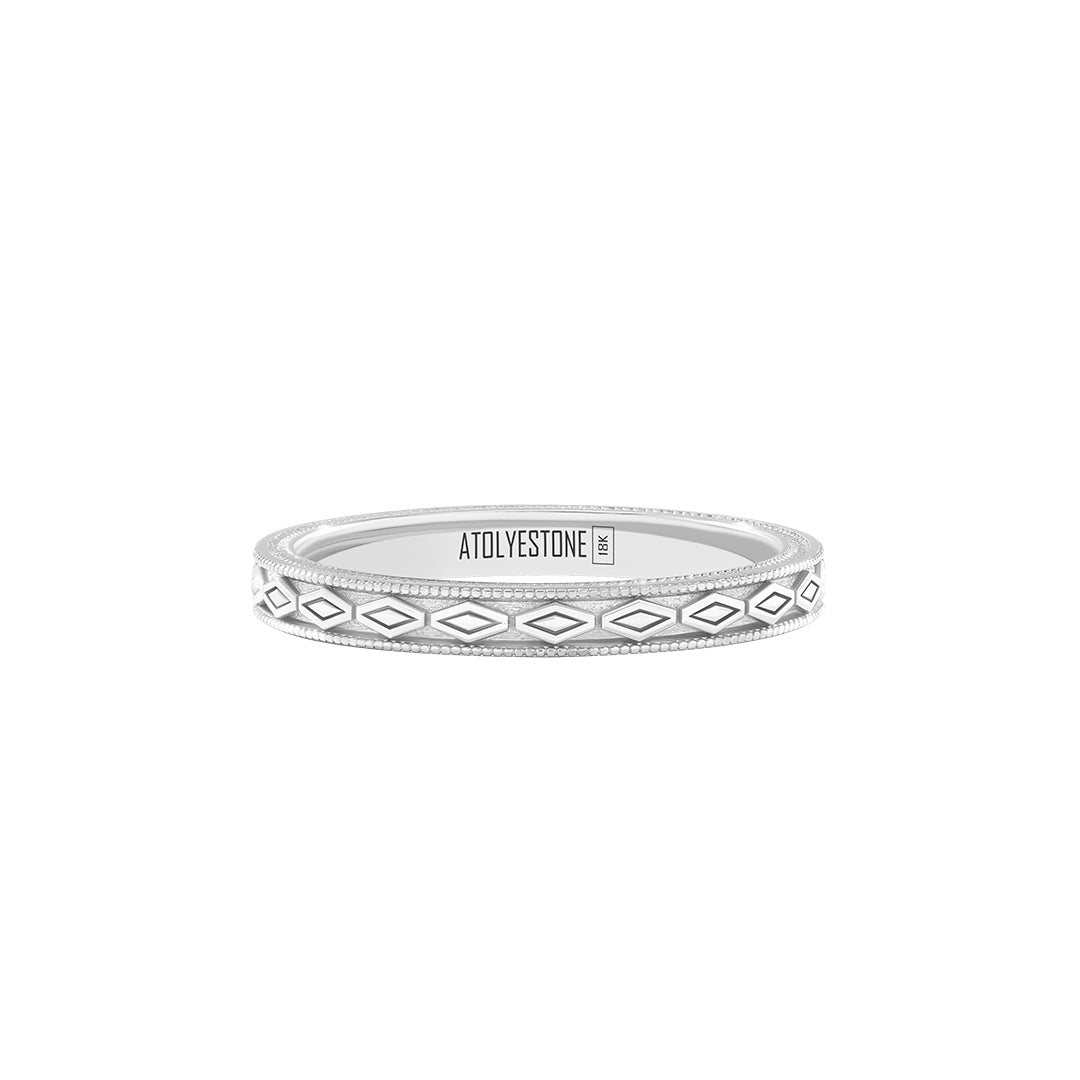 Rhombus Milgrain Band Ring in Solid White Gold