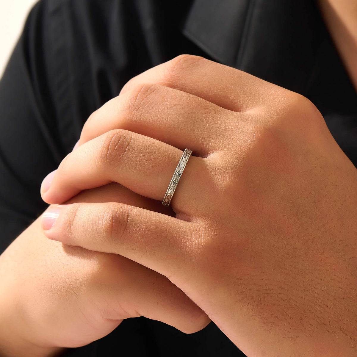 Men's Solid Silver Rhombus Milgrain Band Ring