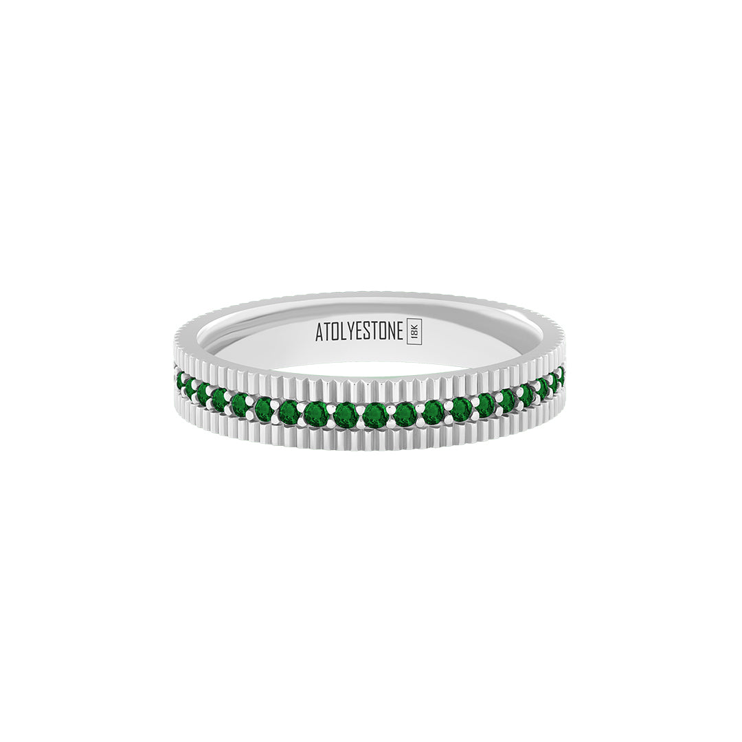 Ribbed Pave Band Ring in Solid White Gold - Pave Emerald