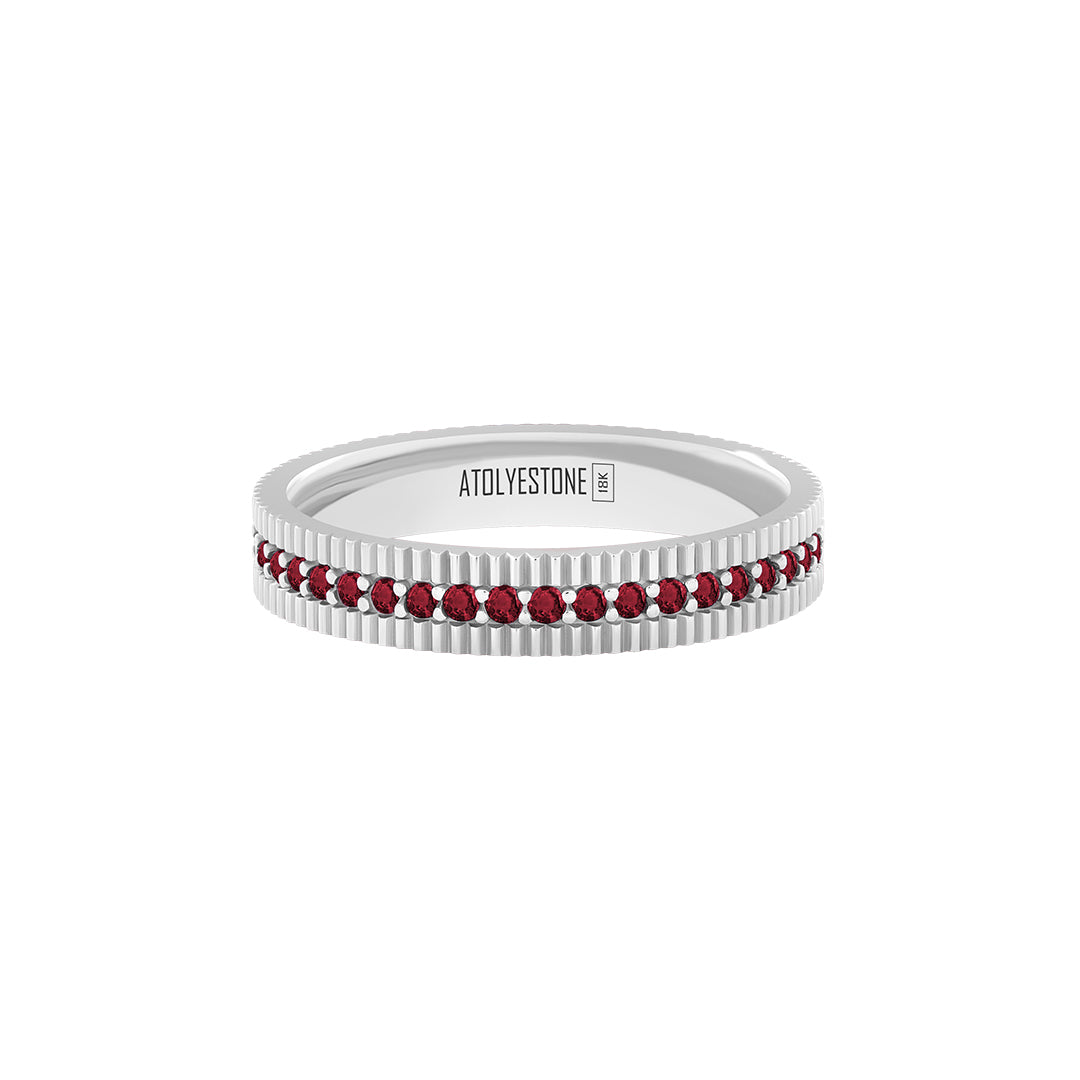 Ribbed Pave Band Ring in Solid White Gold - Pave Ruby