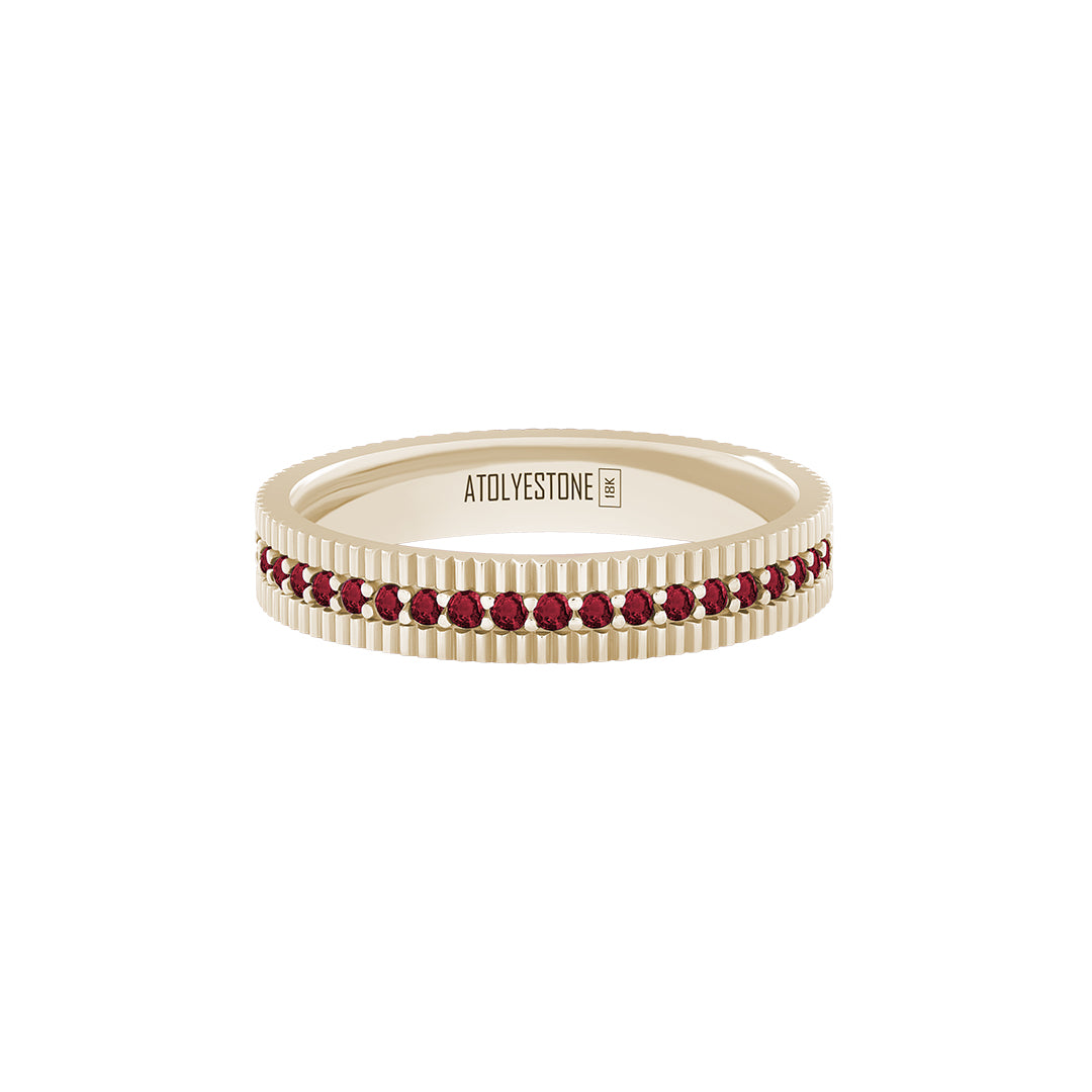Ribbed Pave Band Ring in Solid Yellow Gold - Pave Ruby