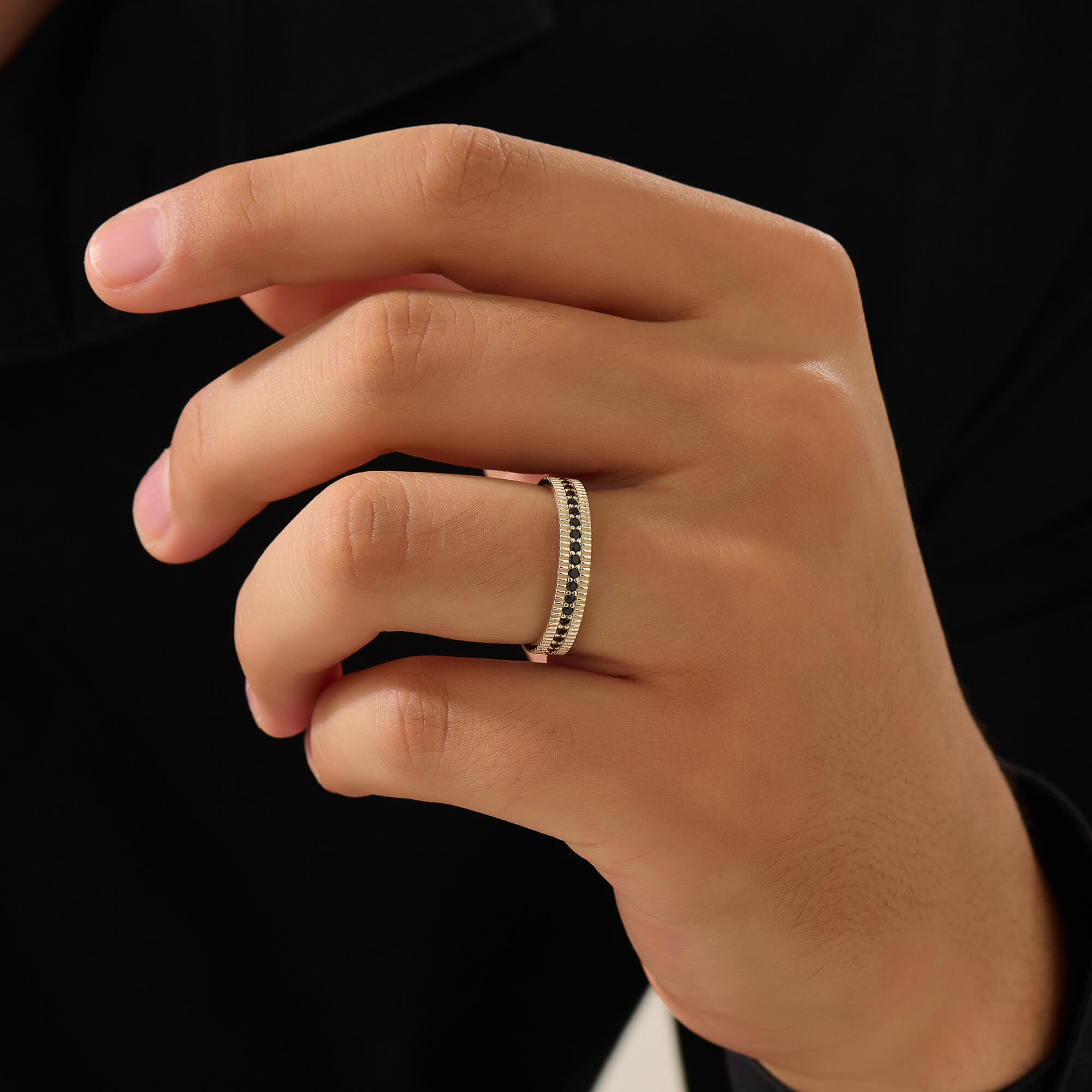 Men's Solid Gold Ribbed Pave Band Ring