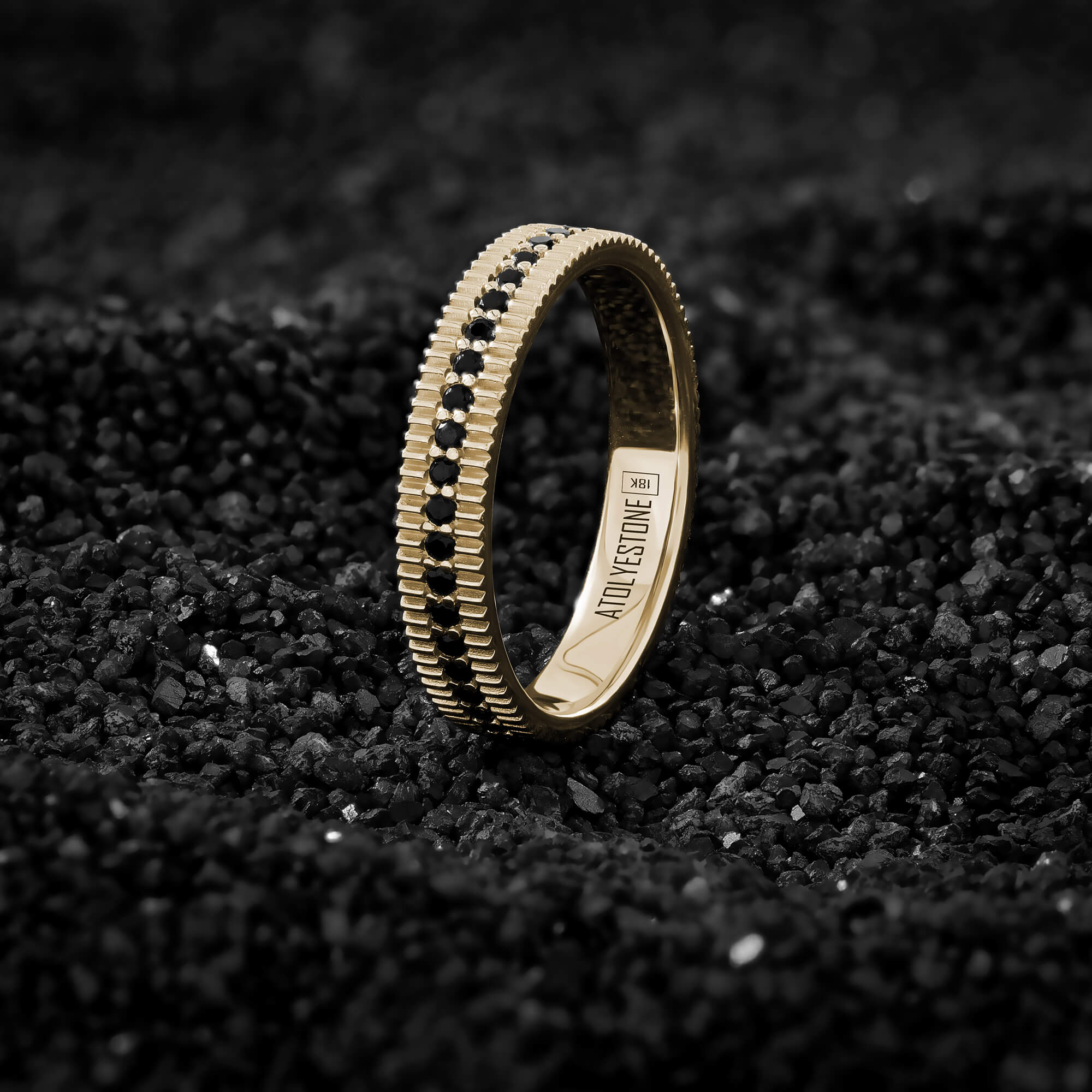 Ribbed Diamond Paved Solid Gold Band Ring