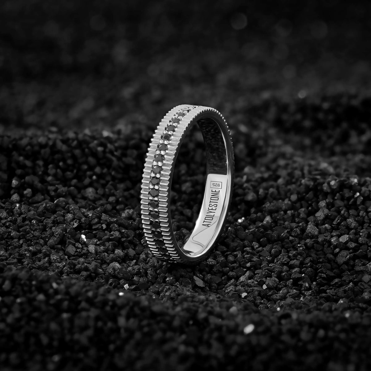 Solid Silver Ribbed Pave Band Ring