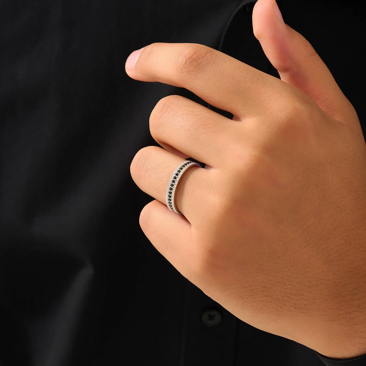 Ribbed Pave Band Ring in Sterling Silver for Men